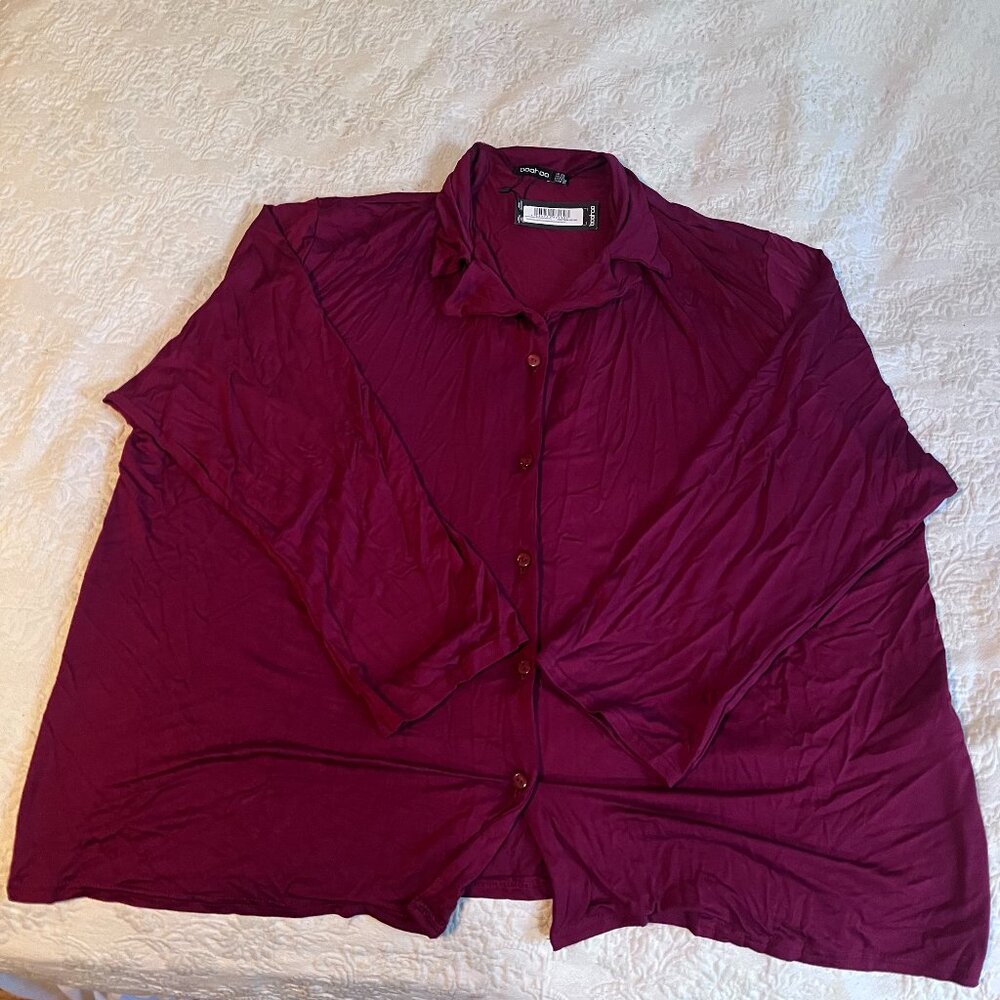 Boohoo Plus Jersey Long Sleeve Button Down PJ Shirt